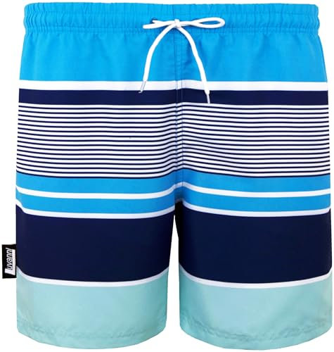 Luvanni Costume da bagno da uomo con tasche laterali, pantaloncini da bagno da uomo, elasticizzati, traspiranti, idrorepellenti, coulisse in rete, a righe, palme, blu, Blu, XL
