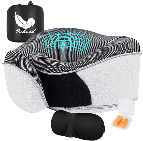 Relaxd Travel Pillow for Adults | Adjustable Memory Foam Neck Pillow for Travel | 360 Degree Neck Support | Removable Pillow Case | Includes Eye Mask, Earplugs, Travel Bag | Light Grey | UK Brand
