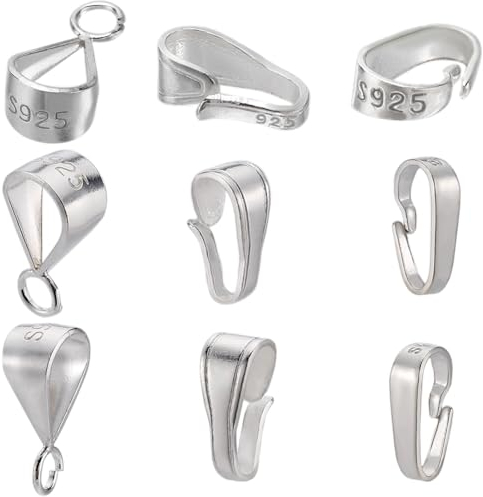 SUNNYCLUE 1 BOX 9PCS 925 Sterling Silver Pendant Clasp Bail Connectors Small Metal Pinch Bails Hooks Clip Snap on Pendants Clasps Charms Bulk for jewellery Making Supplies Bracelet Necklace Women Diy
