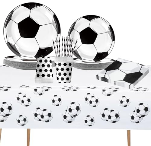 61 PCS Vajilla para Fiesta de Fútbol, Decoración Cumpleaños Futbol Artículos Fiest, Juego de Vajilla de Fiesta, con Platos Servilletas Pajitas Tazas Mantel, para 10 Invitados