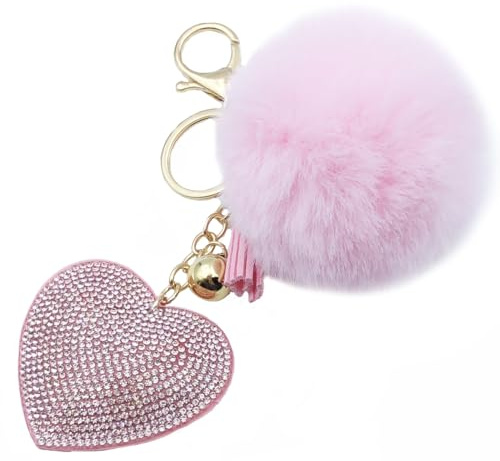 Xsclpomddy Glitter Schlüsselanhänger Herz Anhänger Schlüsselring Herzanhänger mit Pom Pom Schlüsselbund Taschenanhänger Ball für Handtasche Auto Anhänger Dekoration