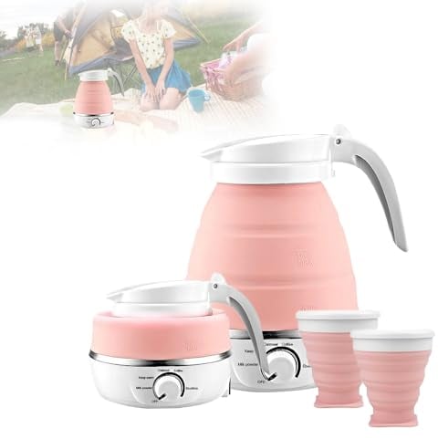 Camping Kettle Electric, CJBIN Collapsible Kettle,Travel Kett-le Lightweight,Food Grade Silicone Foldable Kett-le,Foldable Electric Ket-tle with 2 Collapsible Cups,for Travel Hiking Camping,0.6L Pink