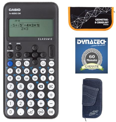 Casio FX-82 DE CW mit Jeans-Tasche dunkelblau, Zirkelset orange und Garantie