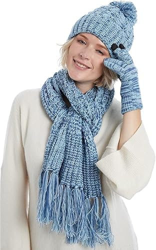 DiaryLook Mütze Schal Winter Handschuhe sets für Damen Strick set Fleece Loop Damen Schals Winterschal Knitted Pom Pom Cap,Blue