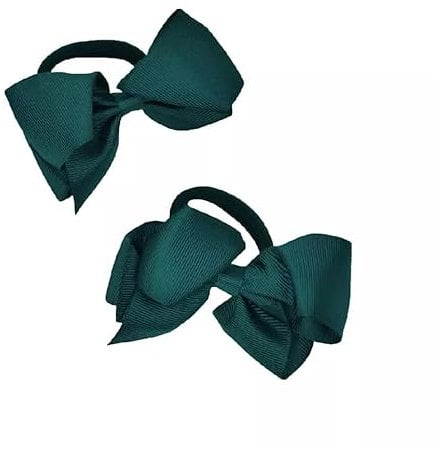 Pair of Grosgrain Ribbon Bow Motif Jersey Elastic Ponio Hair Band Tie Bobble (Bottle Green)