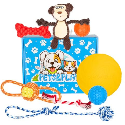 Pets & Play Dog Toy Mix Bundle | 8 x Set - Frisbee, 2 x Squeaky Dog Balls, Rope Toys, Squeaky Plush, Squeaky Rubber Bone | For Small & Medium Dogs | Strong Dog Toys for Boredom, Health & Enrichment