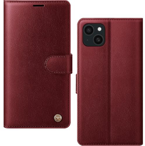 AIMOYU for iPhone 15 Case, Flip Wallet Leather Phone Case with [4 Card Slots] [Kickstand] [RFID Blocking] Magnetic Protective Shockproof Cover for iPhone 15 Phone Case - Wine Red