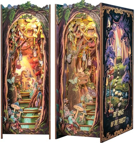 Fsolis DIY Book Nook Kit, Puppenhaus Miniatur Haus Kit mit LED Leuchten,3D Puzzle Holz Modellierung, Kreative Geschenke für Jungen und Mädchen(The Grace of The Forest)