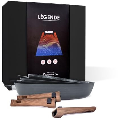 Coffret 3 poêles antiadhésives Légende à manches amovibles 20,24,28cm -Batterie de cuisine Durandal compatible four, induction