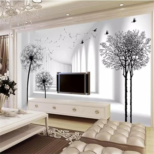 GZGZG Fototapete selbstklebend PVC wohnzimmer 3d tapete schwarz und weiß löwenzahn vögel schlafzimmer hintergrund wanddekoration kunst sticker