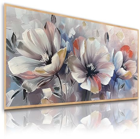 DekoArte - Cuadro Pintado a Mano Naturaleza 140x70 cm FLORAL DREAMS - Cuadros Modernos al Oleo con Marco Color Madera