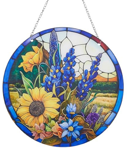 CREATCABIN Sonnenfänger Aufhängen Für Gebeizte Fenster Retro Sonnenblumen Hängeornament Runde Acrylplatte Sonnenfänger Mit Eisenkette Biegeringen Sommer Heimdekor Geschenk Für Familie Freunde 20x20cm