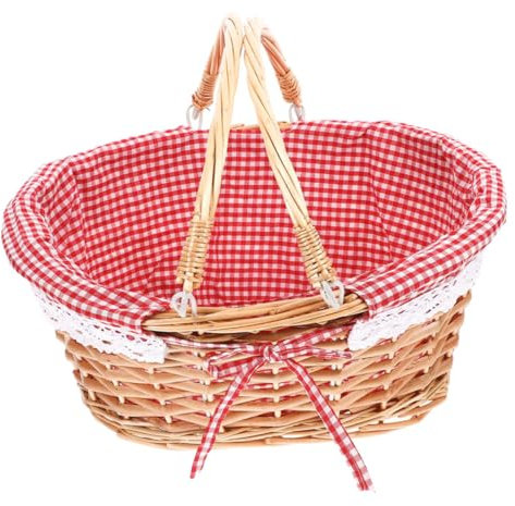 Supvox Picknickkorb Landhausstil-Korb Weidenkorb mit Einlage Rattankorb mit Deckel geflochtener Deckenkorb Kleiner Seilkorb Marktkorb Körbe für Pflanzen Sammelkorb für Blumen Stoff rot