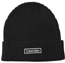 Calvin Klein Men's Patch Chunky Rib Cotton Beanie, Black (Black), One Size