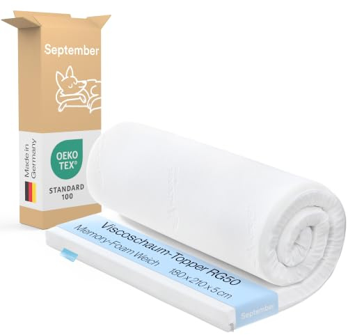 September Topper Viscoschaum 180x210 cm H2 weich RG50 Höhe 5 cm | Made in Germany, OEKO-TEX STANDARD 100, CertiPUR, Druckentlastend, Aloe Vera Bezug, Reißverschluss, Abnehmbar, Waschbar 60°C