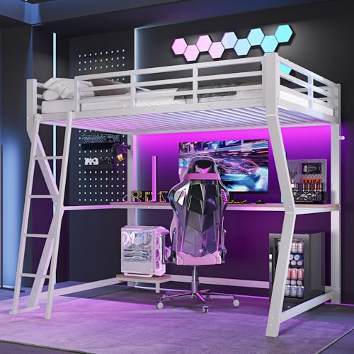 Huayz Hochbett Jugendbett 90x200, Kinderbett Etagenbett mit LED-Licht& USB Ladestation&Schreibtisch&Computerkonsolenregal, Metallbett Einzelbett Bettgestell mit Rausfallschutz&Leiter, Ohne Matratze