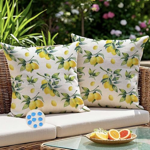 Kiatuniya Outdoor Kissen 40x40 Gelb Grün Zitronen Kissenbezug Wetterfest Kissenhülle Sofakissen Dekokissen Gartenkissen Wasserdicht Sommer Kissenbezüge für Garten Sofa Balkon Terrasse Deko 2er Set