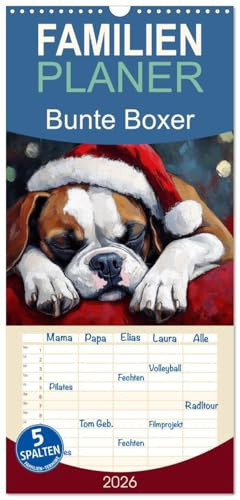 Familienplaner 2026 - Bunte Boxer mit 5 Spalten (Wandkalender, 21 cm x 45 cm), CALVENDO: Farbenfrohe Boxer-Portraits (CALVENDO Tiere)