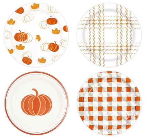 DHAIQC 48 piatti di carta usa e getta per feste autunnali da 18 cm, a quadretti, color arancione e zucca, piatti da dessert per picnic, decorazioni autunnali per feste del Ringraziamento (autunno)