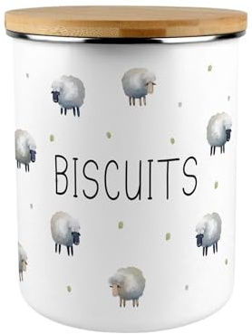 Purely Home Spring Sheep Biscuit Canister - Countryside Farm Animals Large Enamel Kitchen Storage Container/Cookie Jar Gift