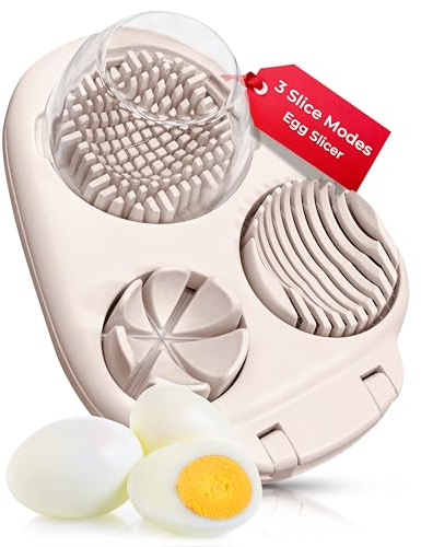 CraftyCrocodile Egg Slicer for Hard Boiled Eggs - 3 Slice Modes Egg Cutter, Heavy Duty, Stainless Steel Dicer - Kitchen Chopper Tool for Strawberry, Mushroom, Grape, Cherry Tomato - Light Beige