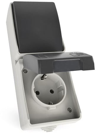 EMOS - Interrupteur et prise avec contact de protection - Combinaison en saillie - Prise Schuko et interrupteur pour montage mural vertical - 250 V ~/16 A max., IP44 pour pièces humides et extérieur