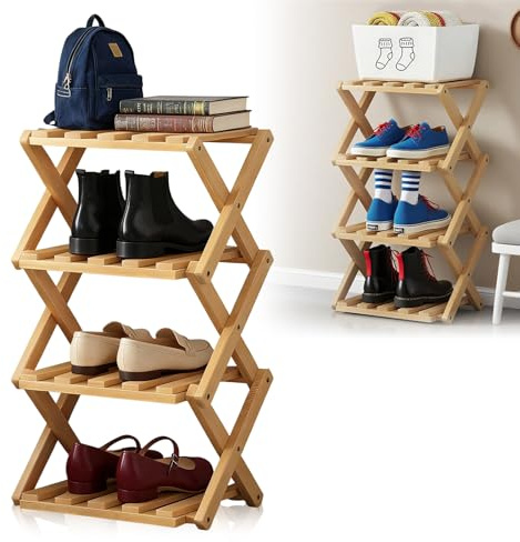 DHSWNNG 4 Tier Bamboo Shoe Rack, Foldable Vertical Shoe Rack Small Shoes Racks Storage Without Installation Shoes Shelf Folding for Narrow Space Corridors Hallway Corner