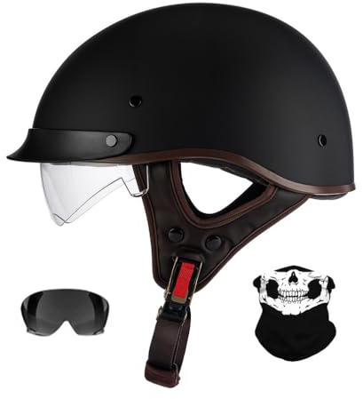 Motorradhelm Retro Halbhelm, ECE-Zulassung Halbschale Jethelm Mit Gesichtsabdeckung, Offenem Helm Für Bike Cruiser Chopper Moped Scooter, Damen und Herren Erwachsene, M~XXL