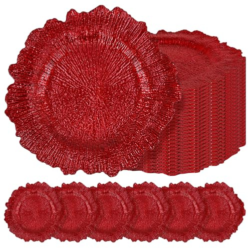 Teruntrue 24 Pcs Red Charger Plates Bulk 13 Inch Plastic Charger Plates for Dinner Plate, Red Chargers for Table Setting, Reef Design Plate Floral Decorative Round Chargers for Wedding Party, Event