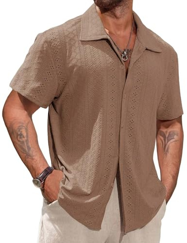 Remxi Mens Short Sleeve Shirts Button Down Hawaiian Shirt Summer Beach Cuban Collared T-Shirt Casual Holiday Hollow Out Tops
