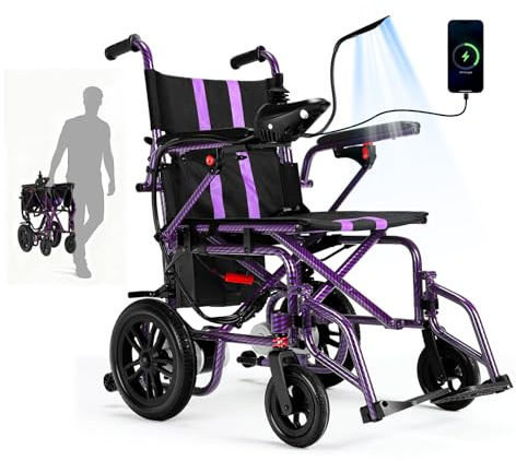 Electric Wheelchairs for Adults，Lightweight Foldable Wheelchair 15 Miles Long Travel Range, 360° Joystick Control Motorized Wheelchair, Support 286 lbs with LED Light Power Wheelchair (Purple)