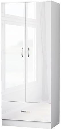 Nera Gloss 2 Door Wardrobe with Drawer 76cm Wide Bedroom Furniture with Hanging Rail and Storage Shelf Storage Cabinet (1 Drawer White Gloss (Matt White))