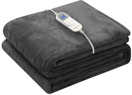Wapaneus Heated Blanket Full 72 x 84 Electric Throw 10 Heating Levels 12 Hours Time Setings and Auto-Shut Off, Flannel Fast-Heating Electric Blanket, Grey