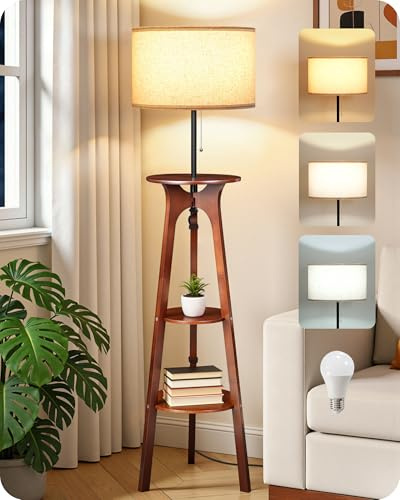 GOEBLESON Stehlampe Dimmbar Dreibeinige Holz mit 3 Regalen, Holzstativ Stehleuchte mit 3 Farbtemperaturen für Wohnzimmer, Schlafzimmer, Arbeitszimmer, Beige und Dunkle Walnussfarbe, ZSTE25LDD05