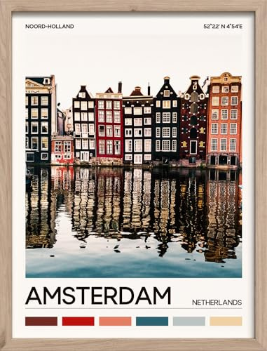 STYLER Gerahmtes Bild Amsterdam 30 x 40 cm I Grachtenhäuser Niederlande Fotografie I Urbanes Wandbild Wohnzimmer Schlafzimmer Büro I Cityscapes Kollektion Wanddeko mit Holzrahmen