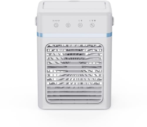 Aire Acondicionado Portatil Silencioso, Mini Enfriador de Aire con Depósito 900ML, 3 Velocidades de Aire, 3 Modos de Bruma, Temporizador 6H, Luz LED RGB y USB 10W - para Dormitorio, Camping y Oficina