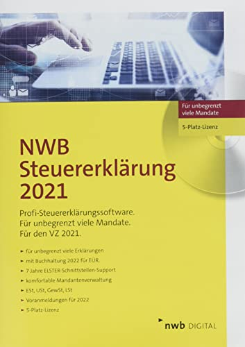 NWB Steuererklärung 2021 - 5-Platz-Lizenz: Profi-Steuererklärungssoftware für unbegrenzt viele Erklärungen. Für den VZ 2021. Mit Buchführung 2022 für ... Elster-Schnittstelleen-Support. CD-Version.