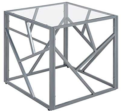 Mesa auxiliar tapa de cristal transparente marco de metal plateado cubo 50 x 50 cm glam moderno Orland