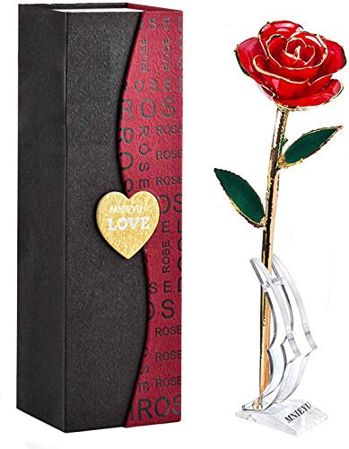 MNIEYU Gold Rose 24K Plated Gold Dipped Rose, Forever Preserved Red Rose Flowers with Stand,Romantic Gift for Valentine's Day and Mothers Day, Anniversary, Birthday,Gifts for Her,Wife,Girlfriend