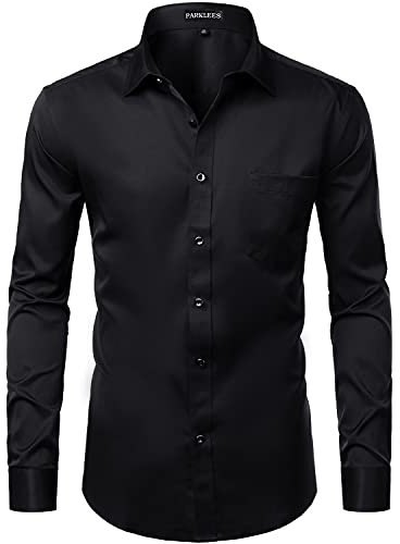 PARKLEES Men's Slim Fit Formal Long Sleeve Casual Business Party Dress Shirts with Chest Pocket Black M