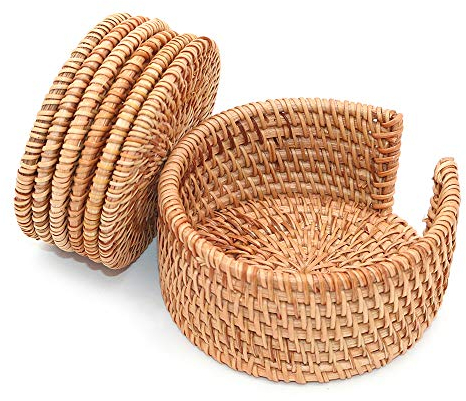 POFET Lot de 6 dessous de verre en rotin tissé à la main pour tasse de thé, assiette de base et plats isolés pour cuisine ou maison de thé - Avec support (rotin, 10 cm de rond)