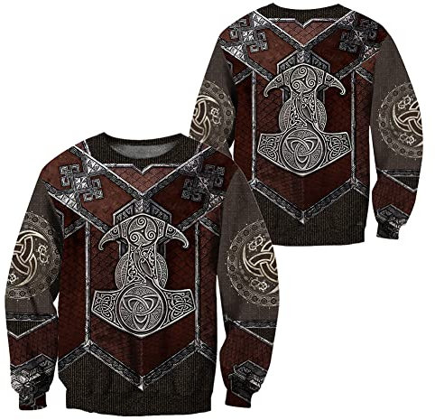 WSXJJ 3D Wikinger Tattoo Odin Langarm Sweatshirt, Herren Nordic Pullover Hoodie Lässige Cosplay Jacke,Thor Hammer Sweatshirt,L