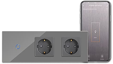 CNBINGO Interruptor de luz inteligente WiFi/WLAN con enchufe doble, táctil con Alexa/Google Home, Smart Light Switch 1 bandas de 1 vía de 16 Amp Gris - No se requiere una escalera neutral
