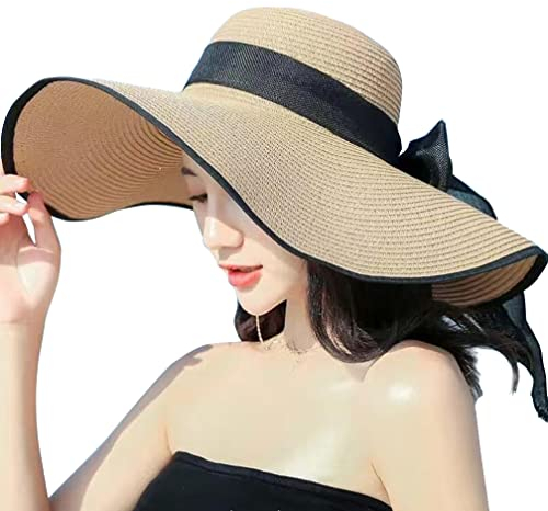 ericotry Chapeau d'été à large bord souple pour femme - Chapeau de soleil à large bord - Chapeau de soleil pour le jardin, la plage - Chapeau de paille - Pour fête, jardin, voyage (kaki)