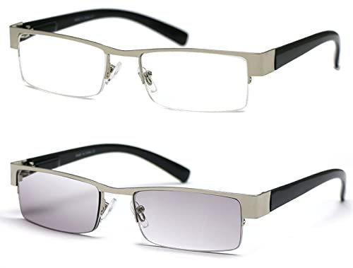 TWINKLE TWINKLE 2 Pack Men' Semi-Rimless Reading Glasses Light Tinted Lens &Clear Lens Reading Sunglasses/Spring Hinge R401 (Silver & SilverTintedGrey, +0.75 Magnification)
