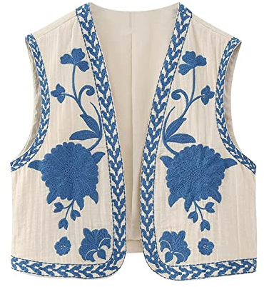 Qianderer Damen Vintage bestickte Blumenweste Y2k Leinen Open Front Ärmellos Cardigan Mode Blumenweste Westen, Stickerei, blau, 42