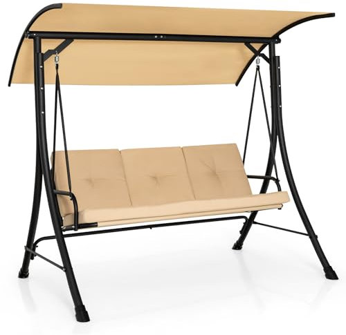 RELAX4LIFE 3 Seater Swing Chair, Outdoor Porch Swing Bench Hammock Seat with Adjustable Canopy & Cushions, Garden Patio Swing Loveseat for Balcony Backyard Poolside (Beige)