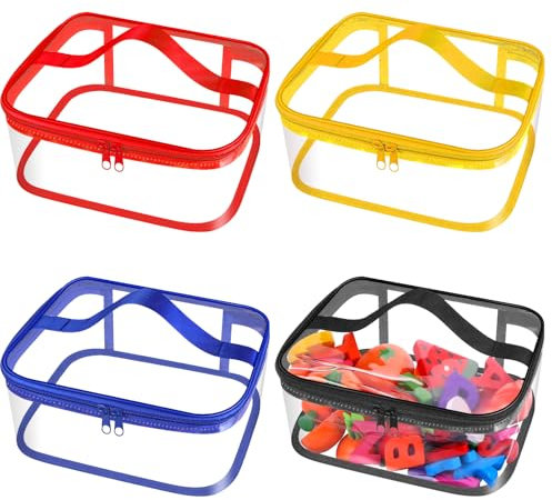 4 Pcs Clear PVC Toy Storage Bags with Handles 9.1x6.7x3.9 Inch Travel Toiletry Bags Waterproof Toy Storage Organizer Pouch with Zipper, Toys Board Game Storage Container for Building Blocks Puzzle