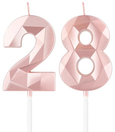 Roségold Kerzen 28 Geburtstag, 3D Nummer 28 Kerze für Kuchen, 28 Geburtstag Dekorationen für Mädchen, Roségold 28 Kerzenschwanz-Topper für Mädchen, Haare, ihm, Geburtstagsfeier Dekorationen