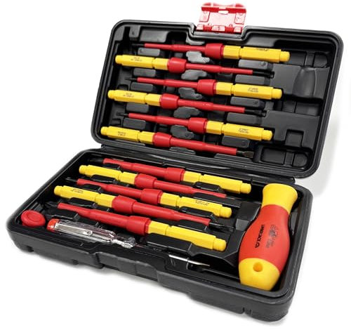 LUMBER JACK Insulated Screwdriver Set VDE, 13 Piece Professional Kit, 1000V Rated Magnetic Tips with Carry Case, Red and Yellow